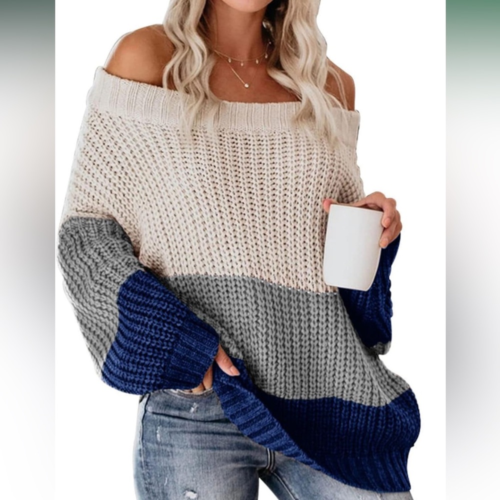 VIMPUNEC Womens Oversized Sweater Color Block Off The Shoulder szM
